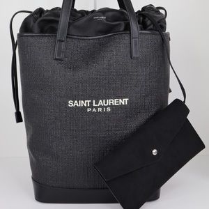 COPY - YSL Saint Laurent Bucket Teddy Medium Black Raffia Woven Shoulder Hand T…